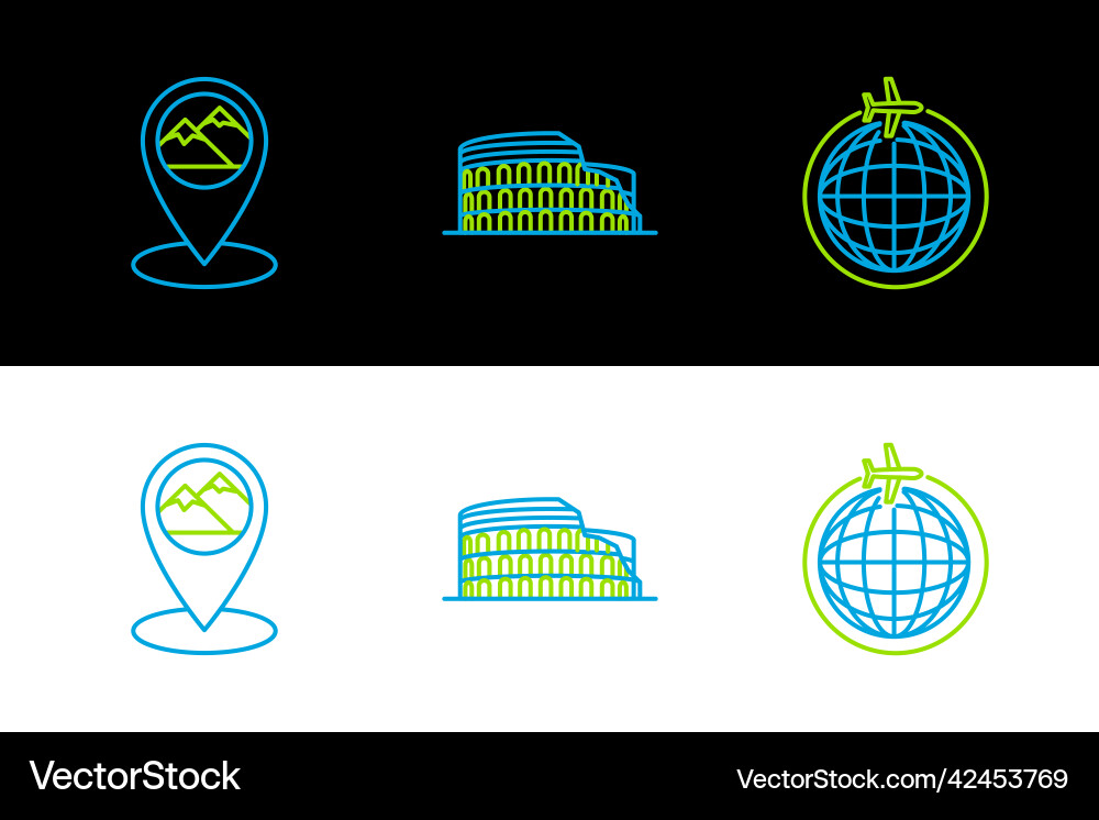 Set line globe with flying plane map pointer Set line globe with flying plane map pointer vector image