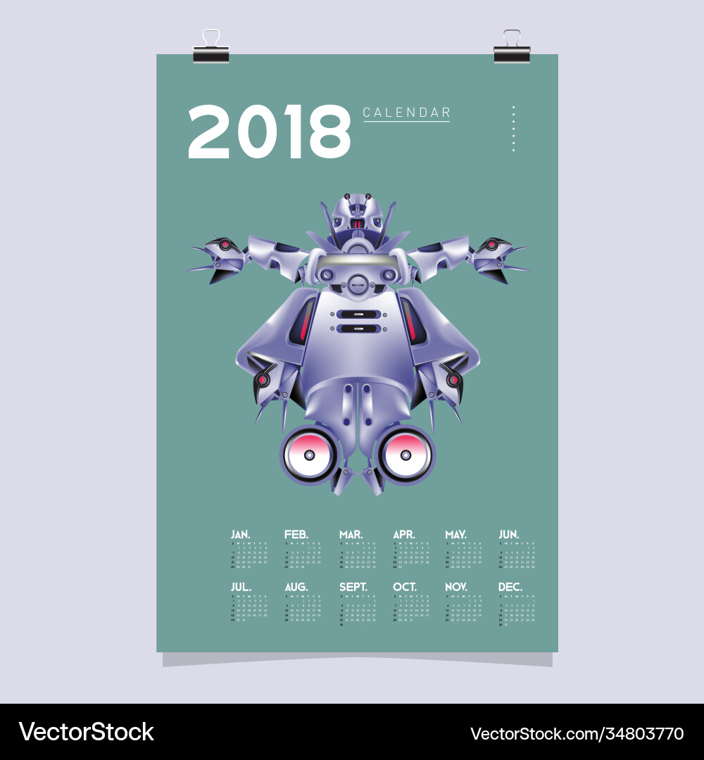 2018 calendar design template 3d realistic robot 2018 calendar design template 3d realistic robot vector image