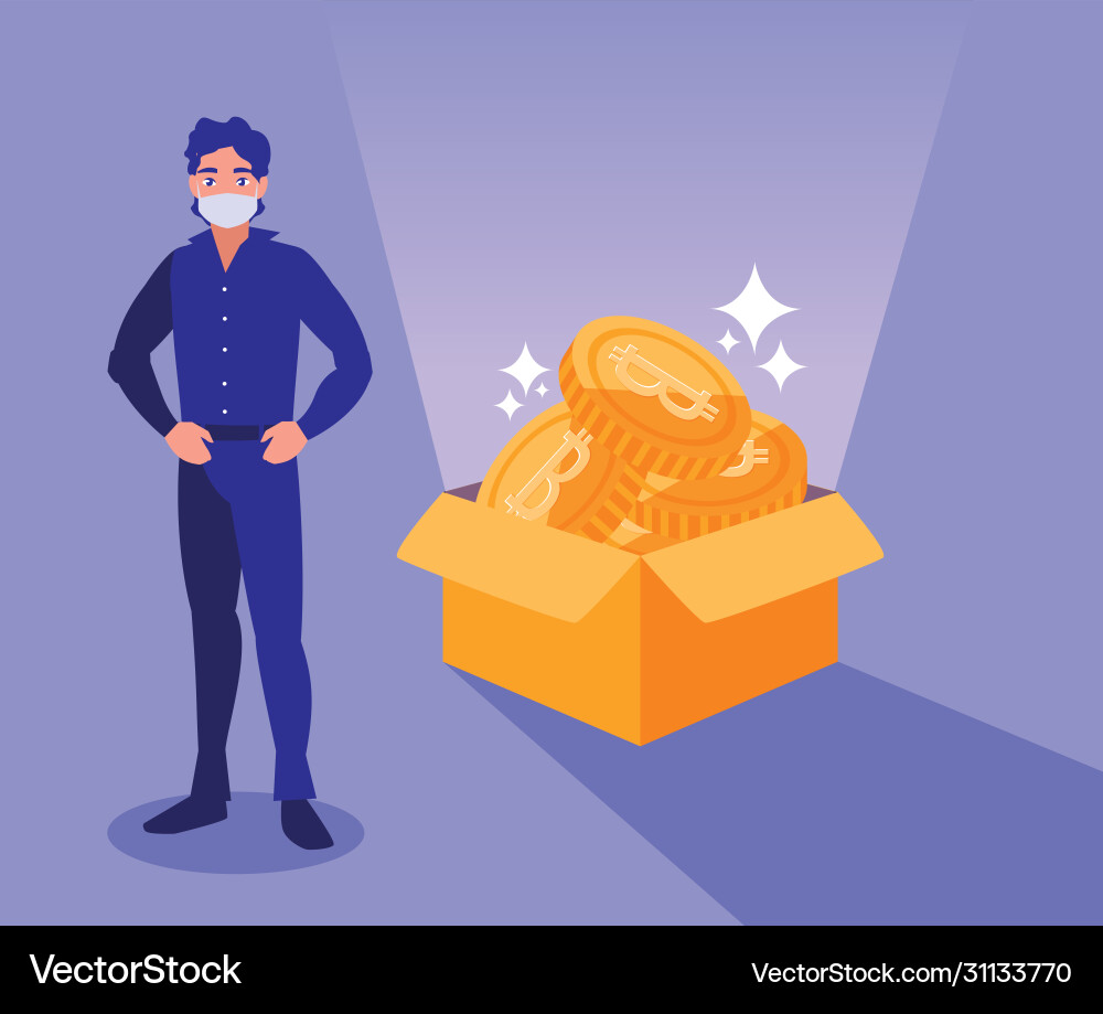 Man with mask and bitcoins inside box vector image