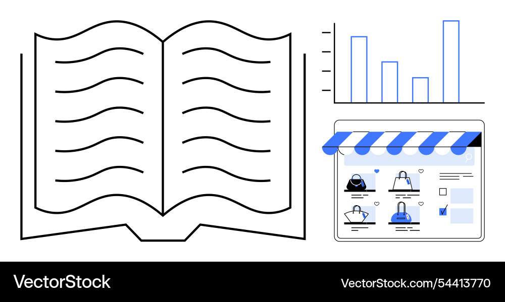 Open book with data chart and online store vector image