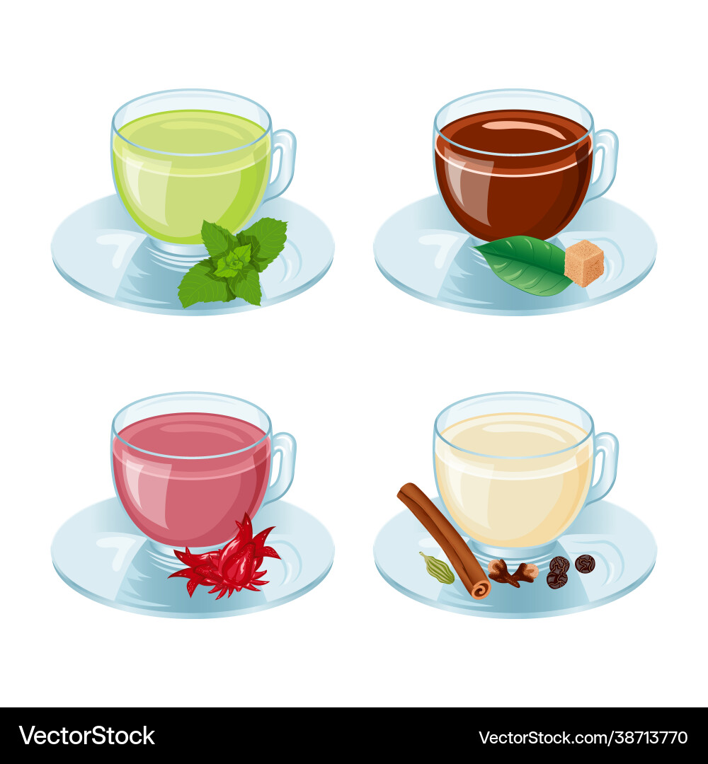 Set with cups tea isolated objects Vector Image