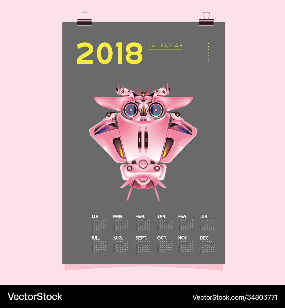 2018 calendar design template 3d realistic robot 2018 calendar design template 3d realistic robot vector image