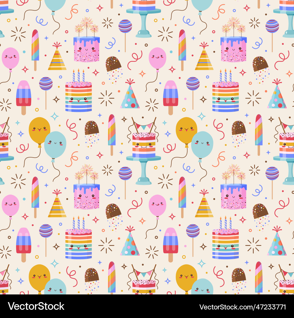 Cute kawaii cakes sweets and balloons pattern Vector Image