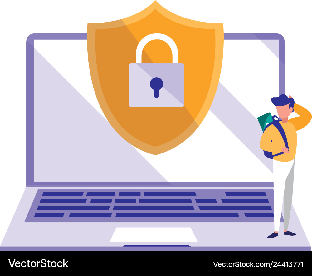 Man using laptop computer with shield Man using laptop computer with shield Vector Image