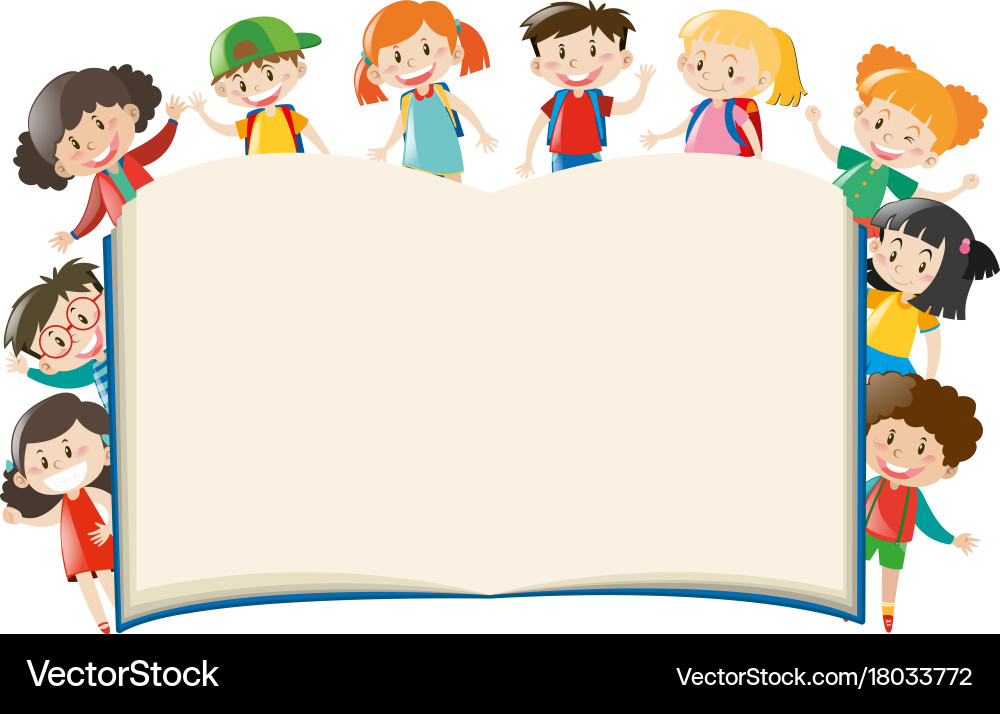 Background template with kids around book Vector Image