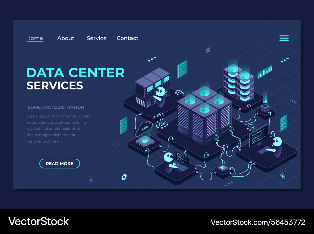 Isometric data center landing page networking Isometric data center landing page networking vector image