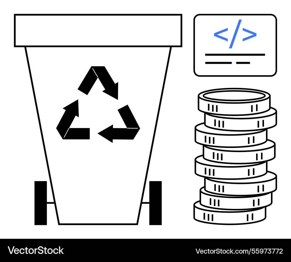 Recycling bin with arrows coins stack and code Recycling bin with arrows coins stack and code vector image