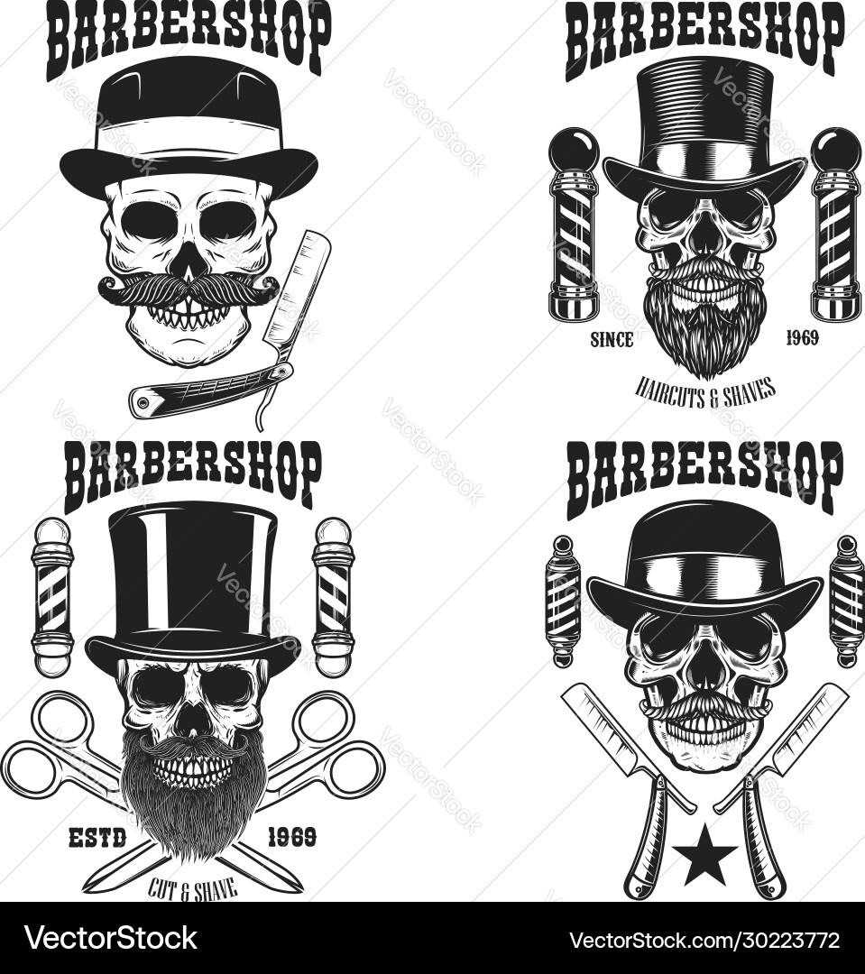 Set barbershop emblem template skull Set barbershop emblem template skull vector image