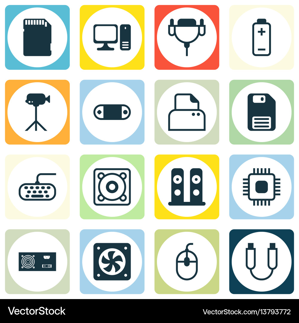 Set of 16 computer hardware icons includes vector image