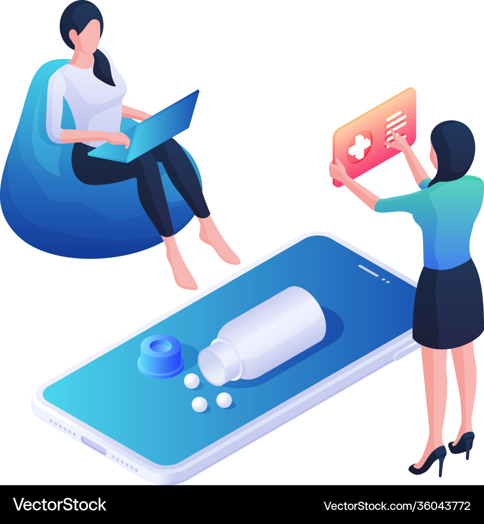 Woman selects online right drugs isometric Woman selects online right drugs isometric vector image