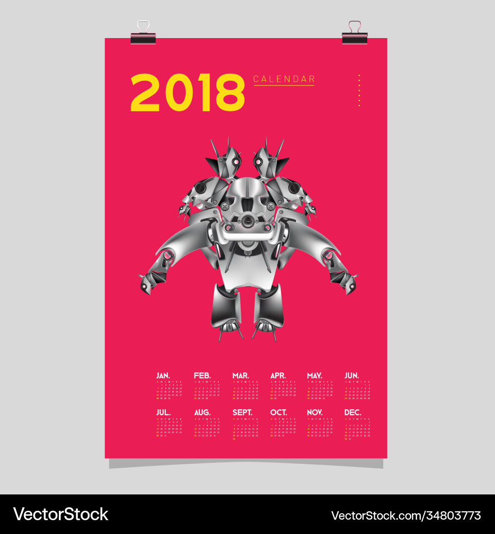 2018 calendar design template 3d realistic robot vector image