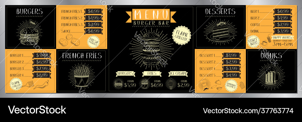 Burger bar menu template - price list ordering Burger bar menu template - price list ordering Vector Image