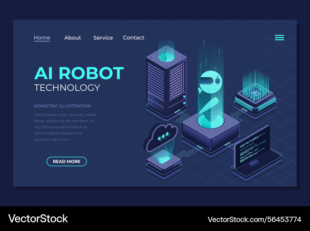 Isometric artificial intelligence robot landing Isometric artificial intelligence robot landing vector image