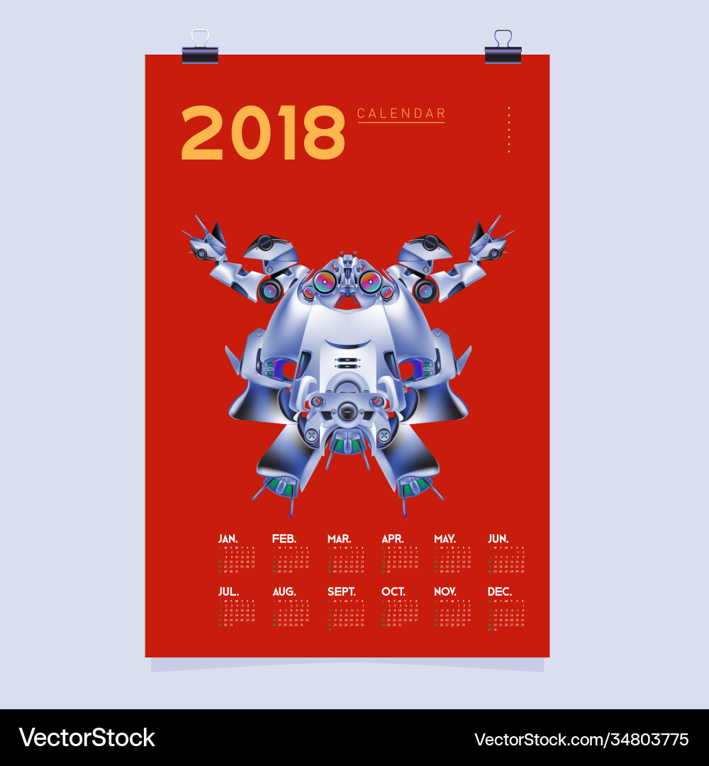 2018 calendar design template 3d realistic robot 2018 calendar design template 3d realistic robot vector image