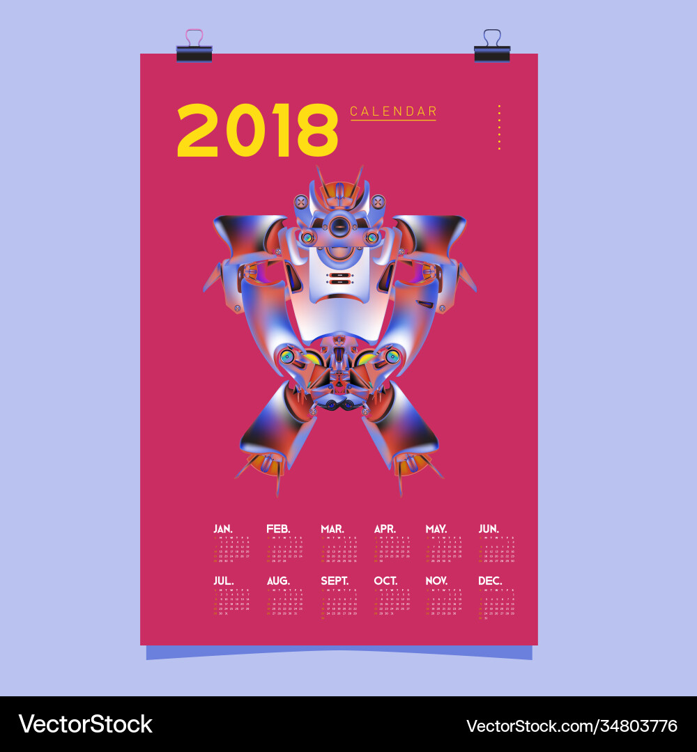 2018 calendar design template 3d realistic robot 2018 calendar design template 3d realistic robot vector image