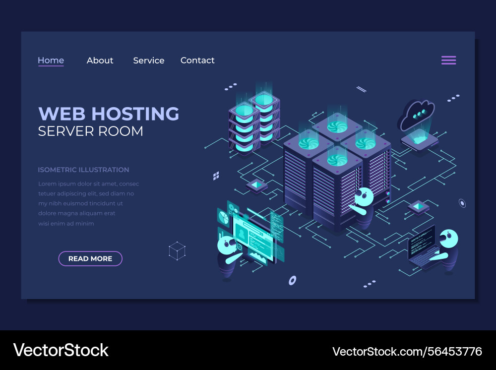 Isometric web hosting landing page concept Isometric web hosting landing page concept vector image