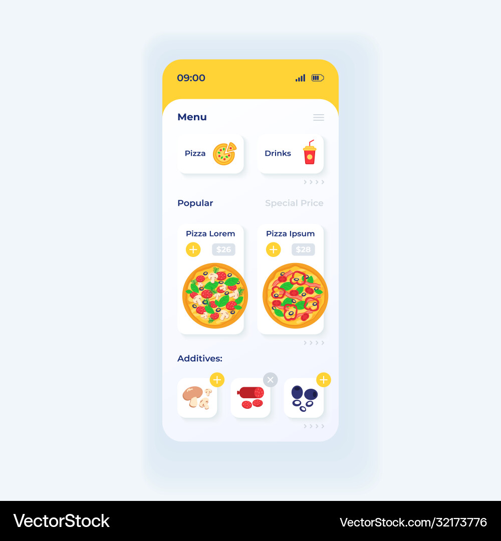 Pizza ordering app smartphone interface template Pizza ordering app smartphone interface template Vector Image
