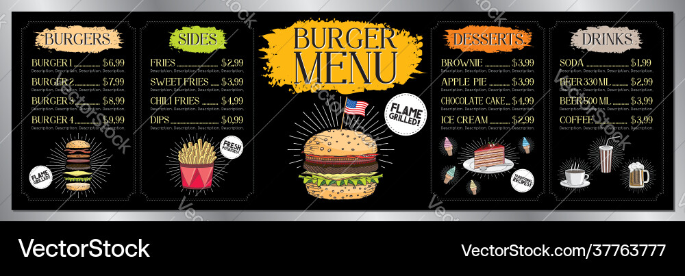 Burger bar menu template - price list ordering Vector Image