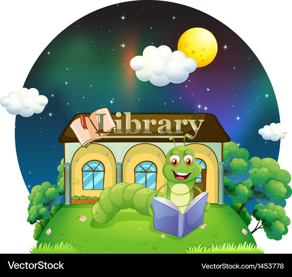 A worm reading book in front of the library Vector Image