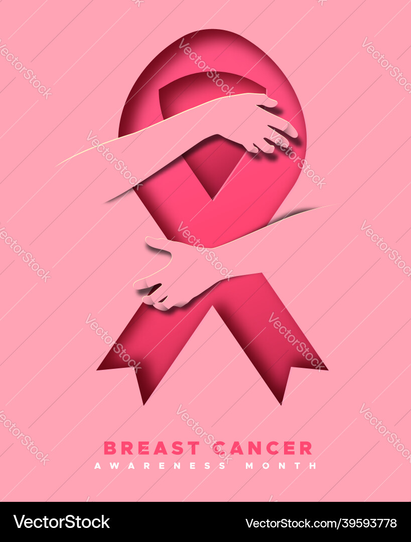 Breast cancer month pink paper cut woman hand hug Breast cancer month pink paper cut woman hand hug vector image