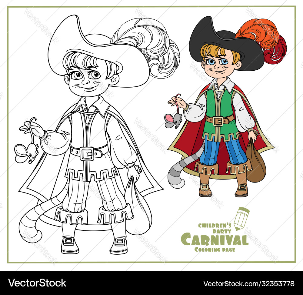 Cute boy in costume cat boots with a mouse Cute boy in costume cat boots with a mouse vector image