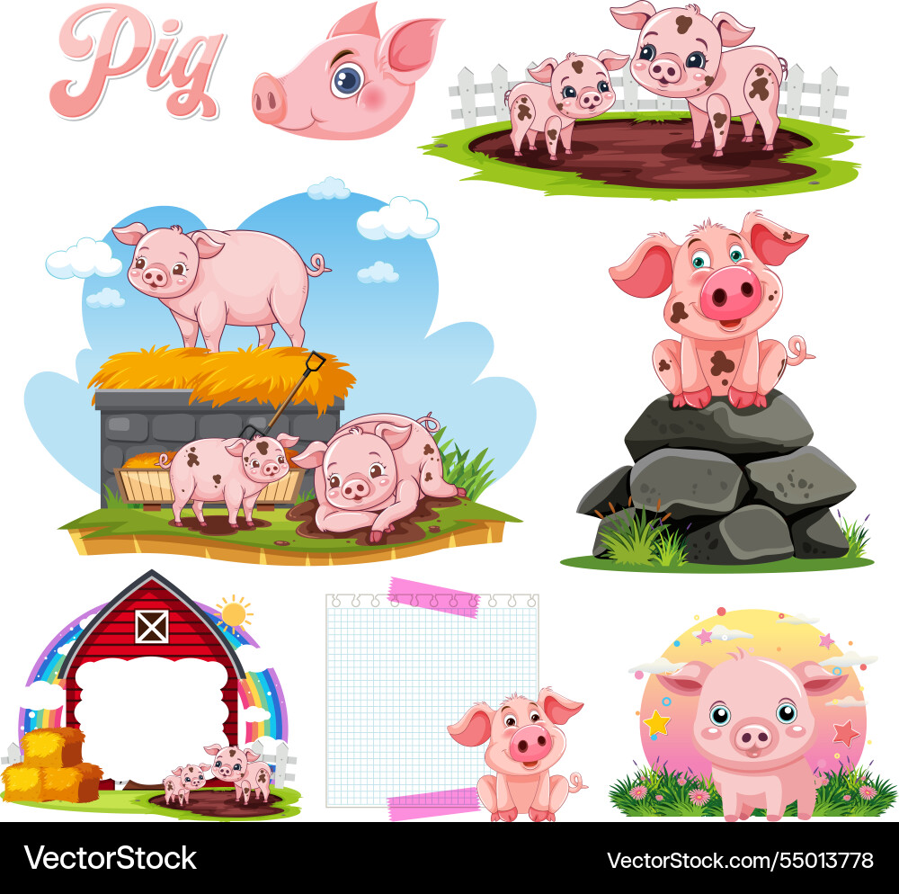 Süße Schweine in verschiedenen spielerischen Farmszenen Süße Schweine in verschiedenen spielerischen Farmszenen vektorbild