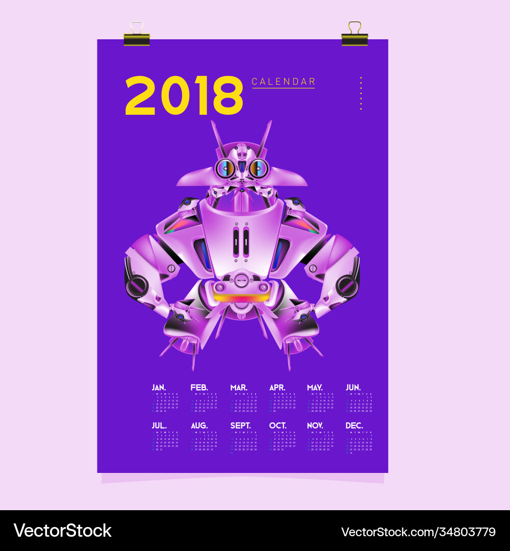 2018 calendar design template 3d realistic robot 2018 calendar design template 3d realistic robot vector image