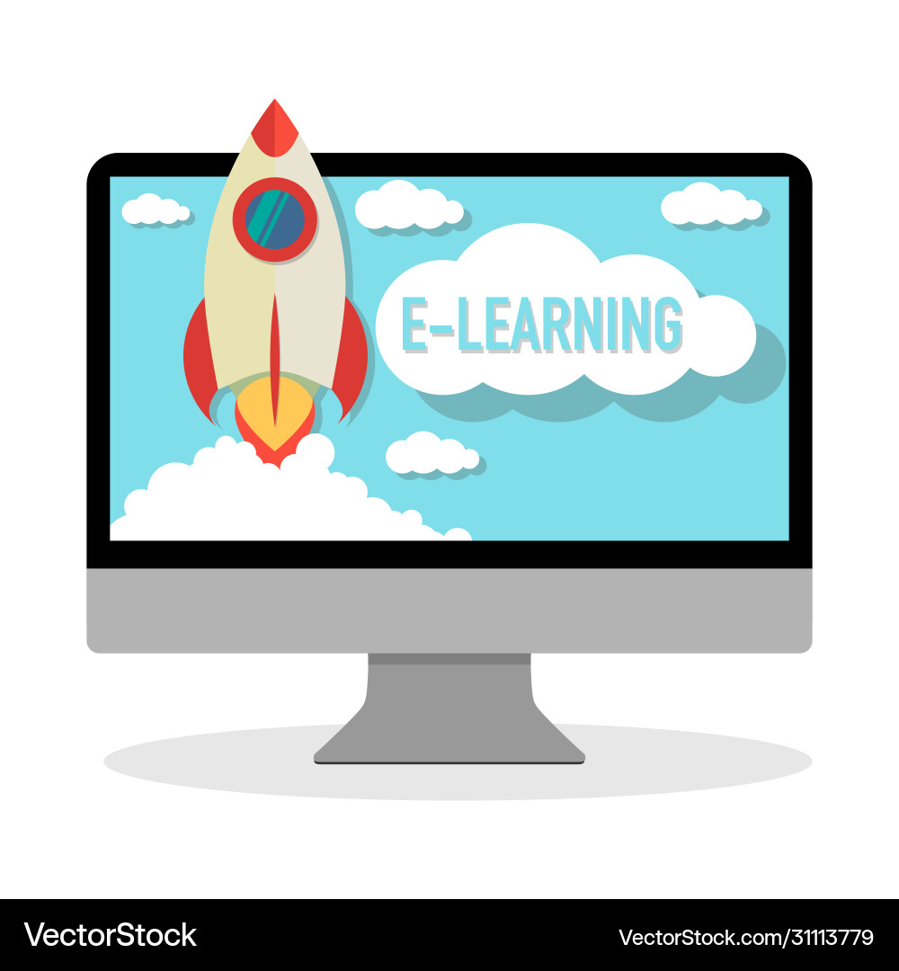 Online course e-learning computer with rocket Online course e-learning computer with rocket vector image