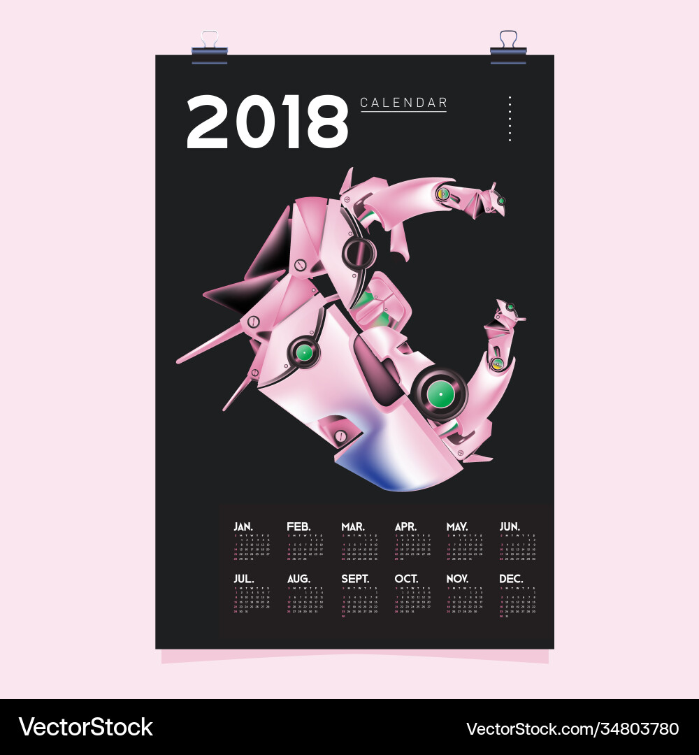 2018 calendar design template 3d realistic robot vector image