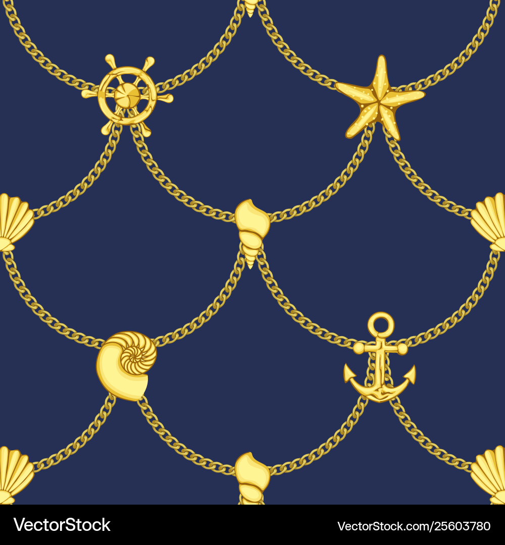 Golden chains and sea objects seamless pattern vector image