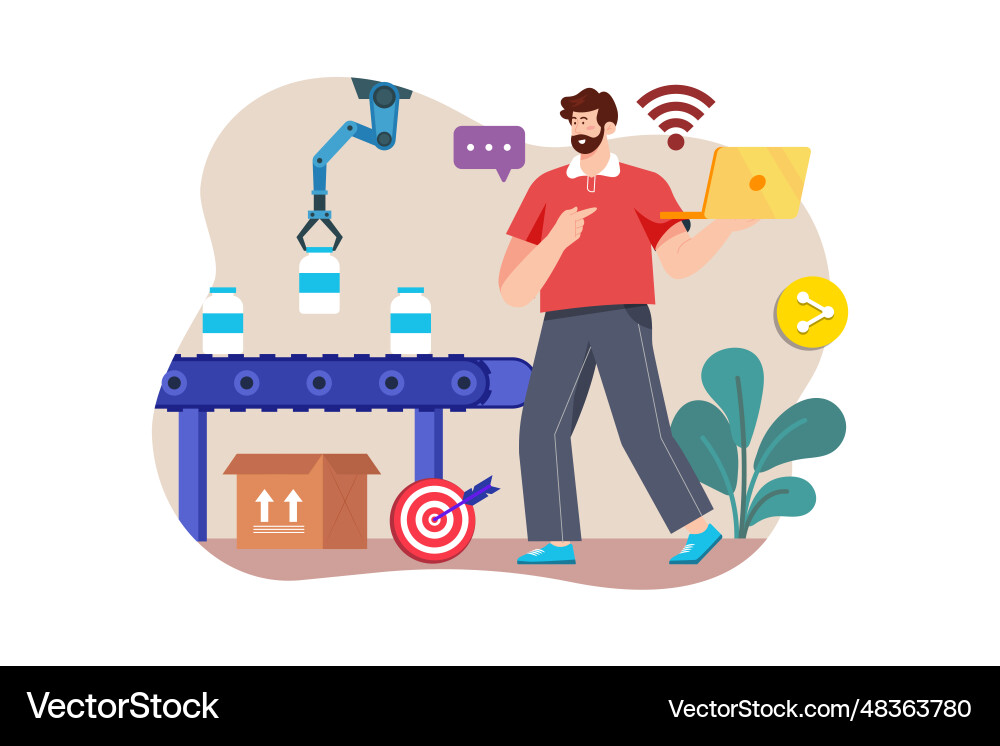 Worker using wifi from laptop controlling Worker using wifi from laptop controlling Vector Image
