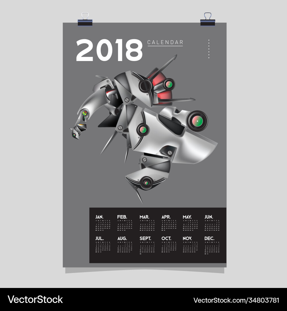 2018 calendar design template 3d realistic robot vector image