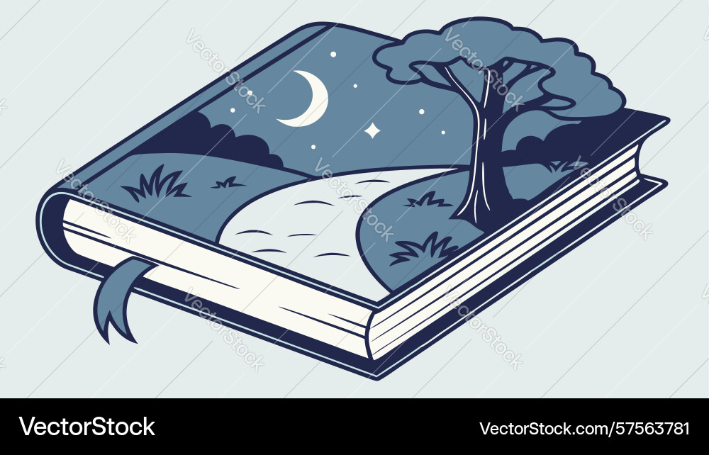 Open book with winding path trees and crescent Vector Image