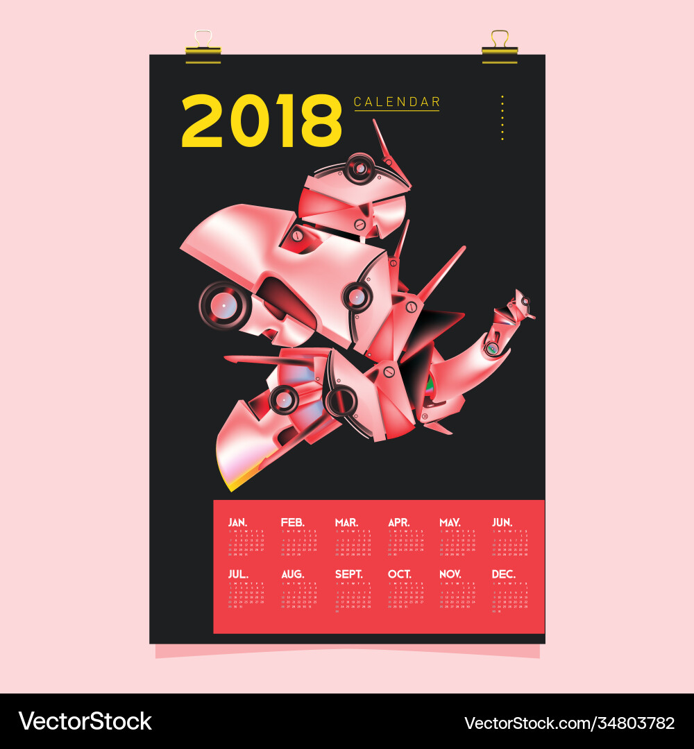 2018 calendar design template 3d realistic robot vector image