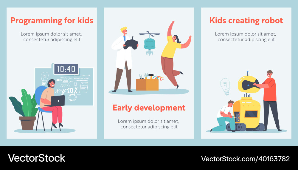 Kids programming and creating robots in class Kids programming and creating robots in class vector image