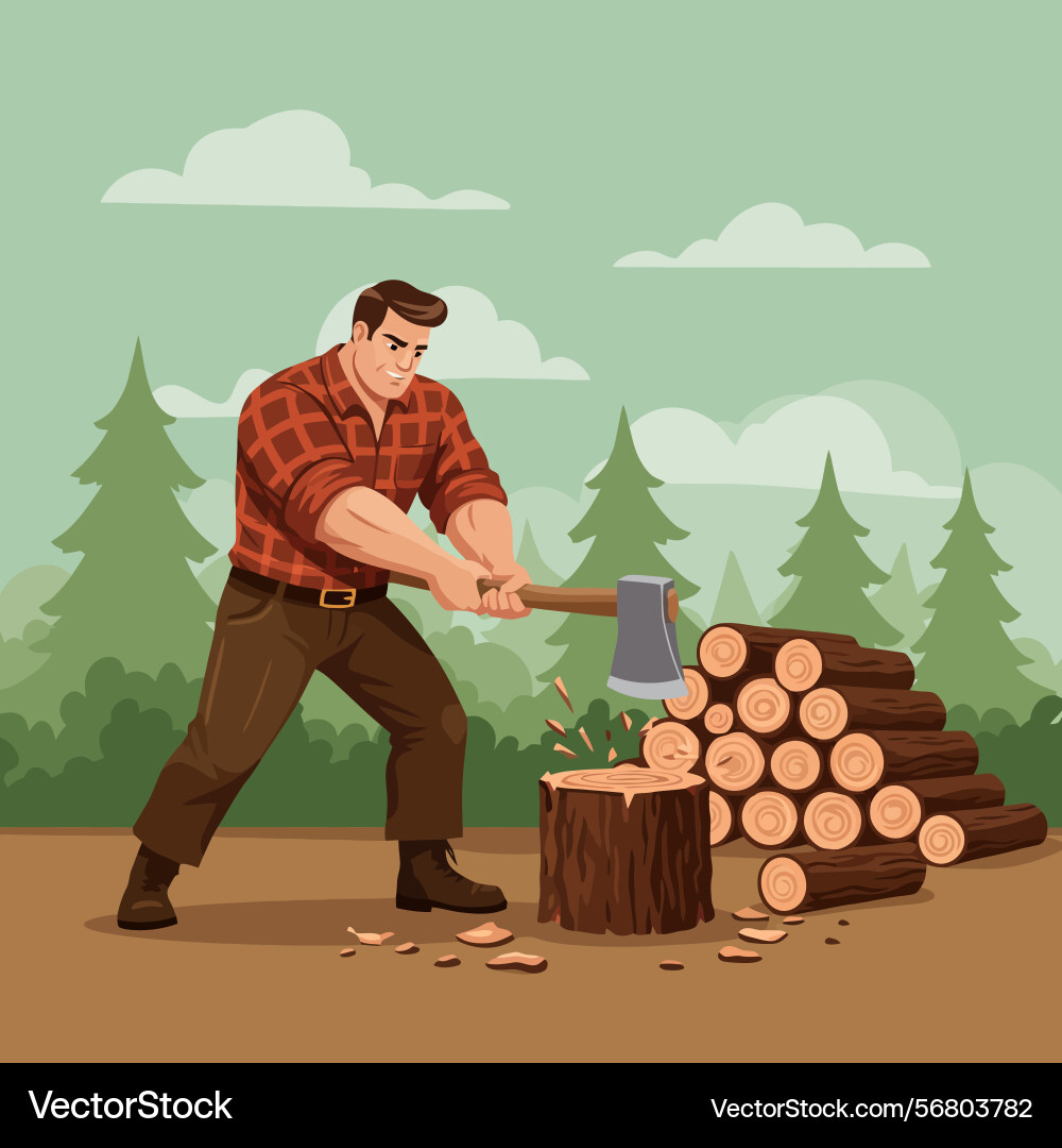 Man chopping wood with axe in forest setting vector image