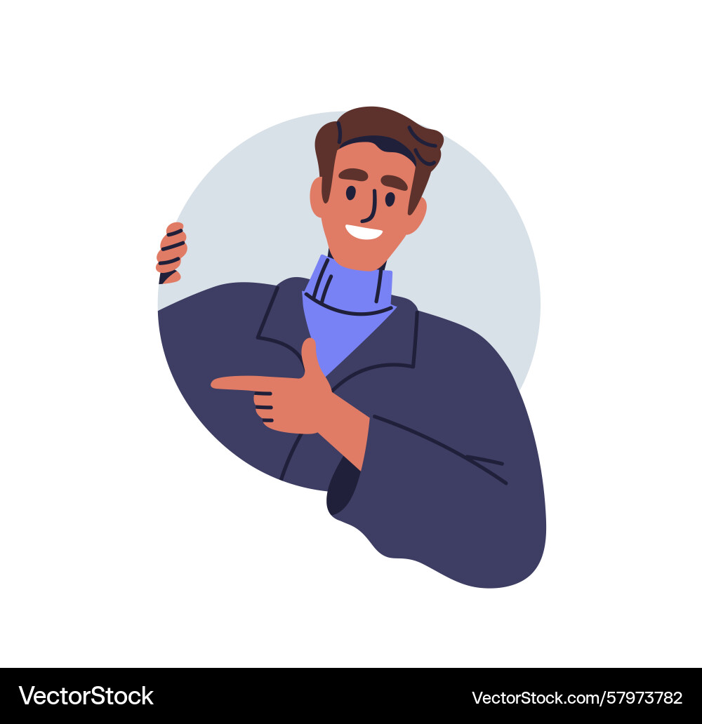 Smiling man peeking out from round shape circle Smiling man peeking out from round shape circle Vector Image