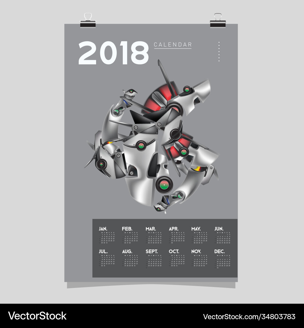 2018 calendar design template 3d realistic robot 2018 calendar design template 3d realistic robot vector image