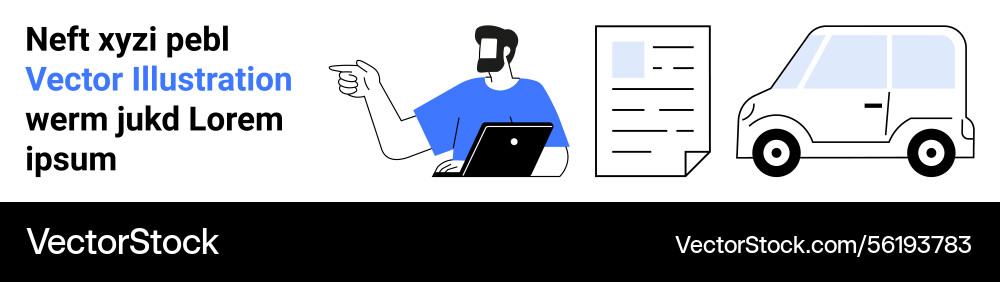 Man with laptop pointing at document and car Man with laptop pointing at document and car vector image
