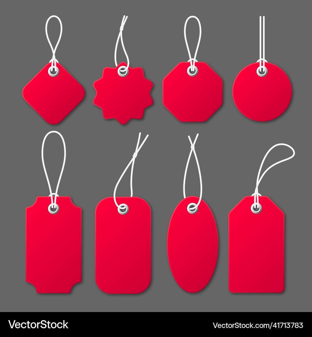 Realistic red price tags with white string on gray Realistic red price tags with white string on gray vector image
