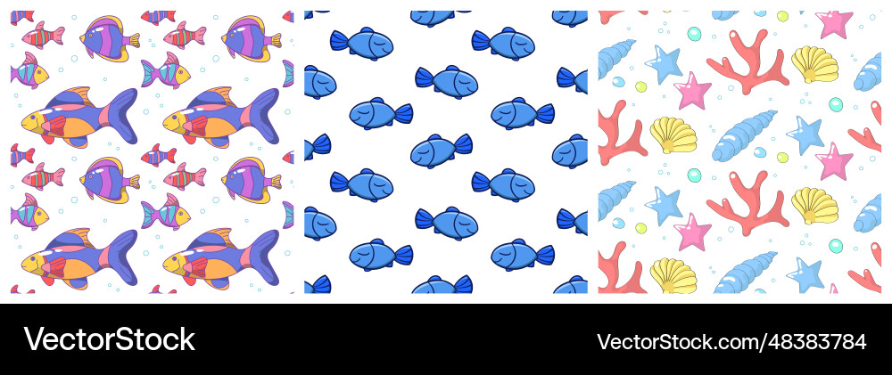 Set of patterns with underwater wildlife elements Set of patterns with underwater wildlife elements vector image