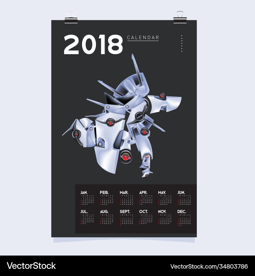 2018 calendar design template 3d realistic robot 2018 calendar design template 3d realistic robot vector image