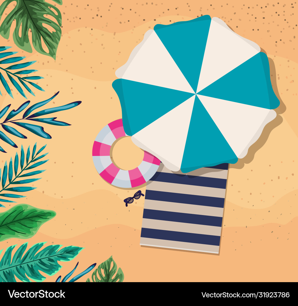 Beach with umbrella float and towel top view Vector Image