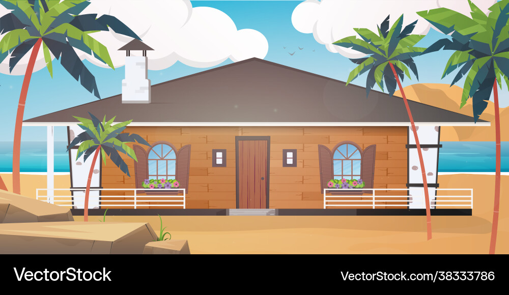 Villa an einem Sandstrand mit Palmen Sommer Villa an einem Sandstrand mit Palmen Sommer vektorbild