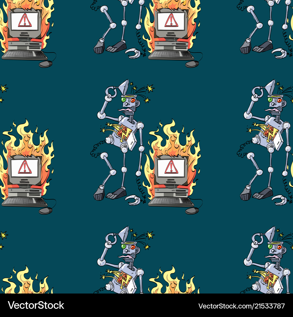 Broken robot and computer seamless pattern vector image
