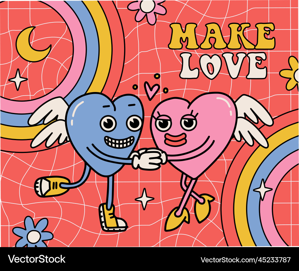 Lover hearts in weird retro cartoon 70s style Lover hearts in weird retro cartoon 70s style vector image