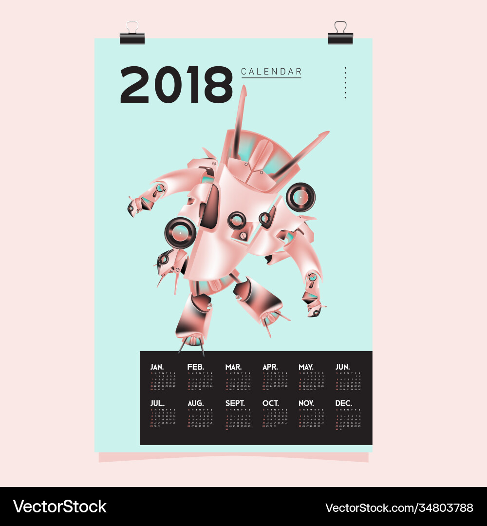 2018 calendar design template 3d realistic robot 2018 calendar design template 3d realistic robot vector image