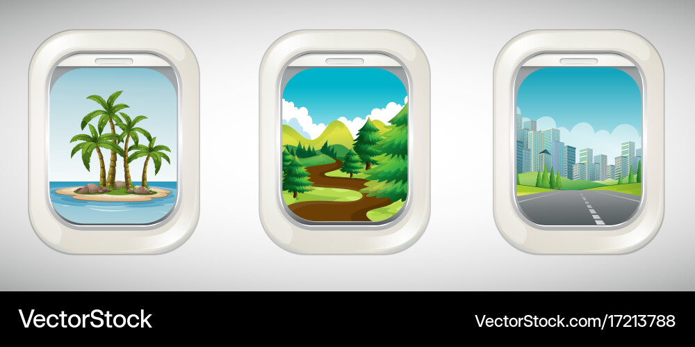 Three airplane windows with different views Vector Image