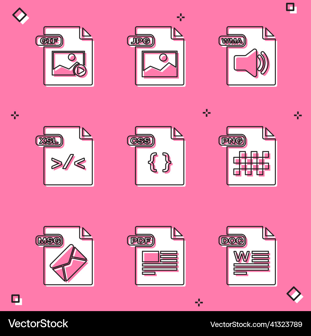 Set gif file document jpg wma xsl css png Set gif file document jpg wma xsl css png vector image