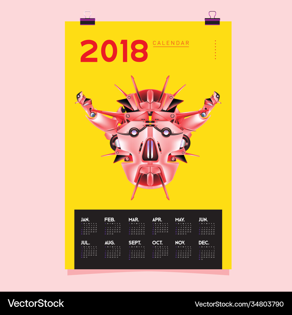 2018 calendar design template 3d realistic robot 2018 calendar design template 3d realistic robot vector image